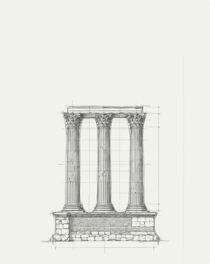 Realistic black and white drawing of three Roman columns