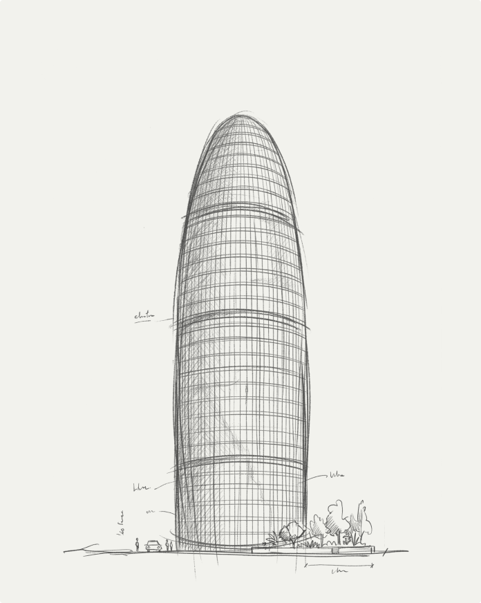 Realistic black and white drawing of Torre Glòries