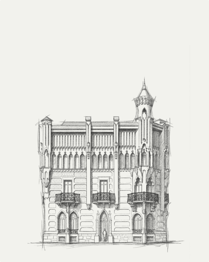 Dibujo realista en blanco y negro de la Casa Vicens