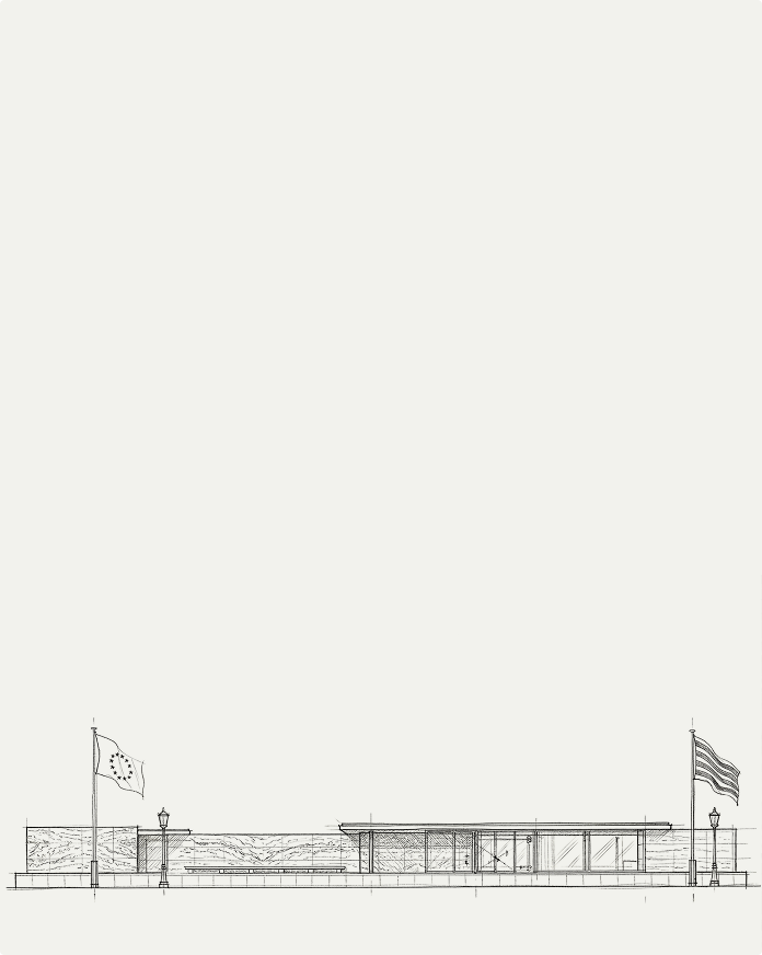 Dibujo realista en blanco y negro del Pabellón Mies van der Rohe