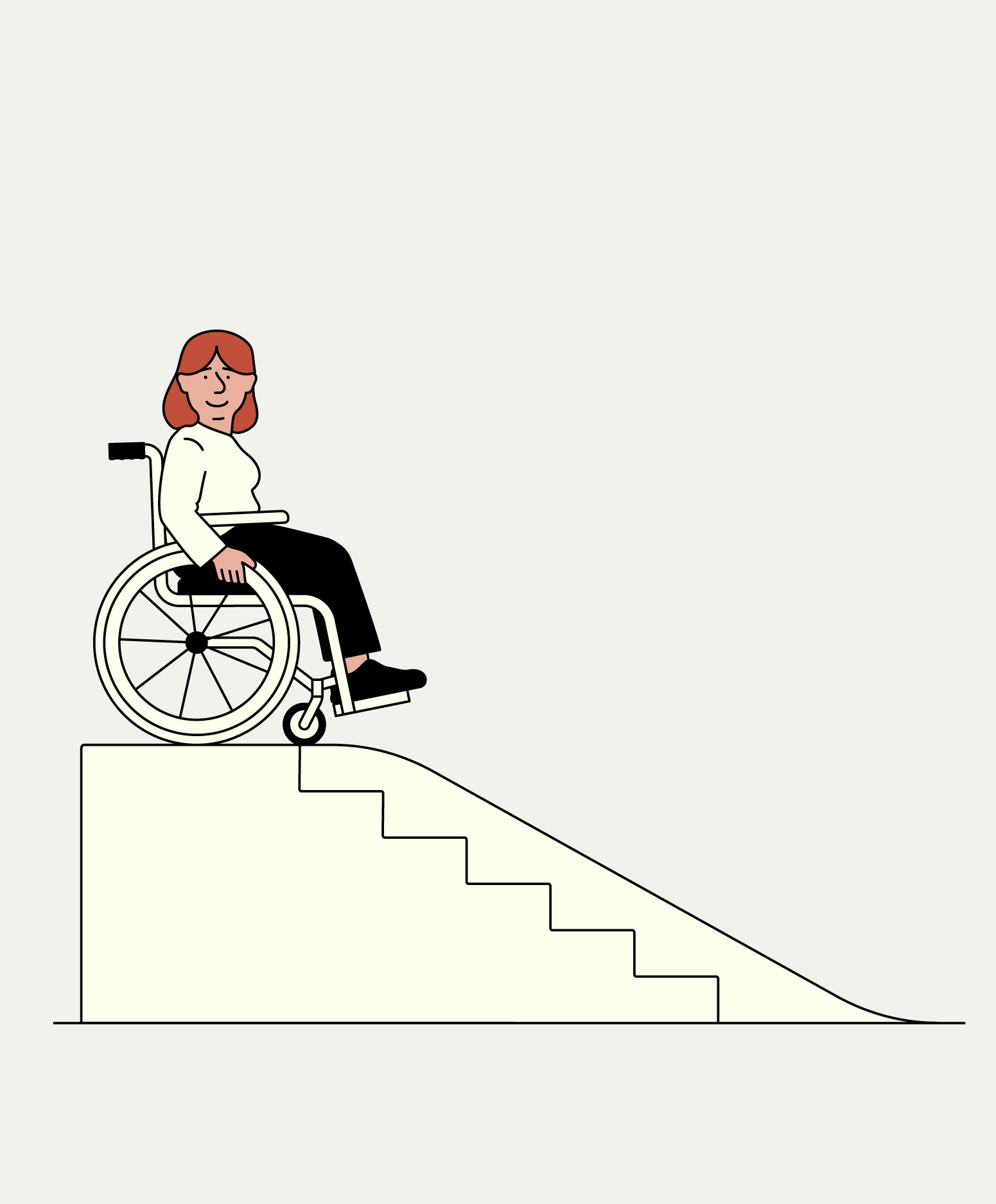Personne en fauteuil roulant devant une rampe accessible à côté d’un escalier.