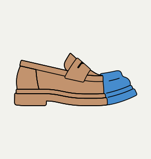 Il·lustració minimalista d'un mocasí marró sense sivella amb punta blava vist de perfil