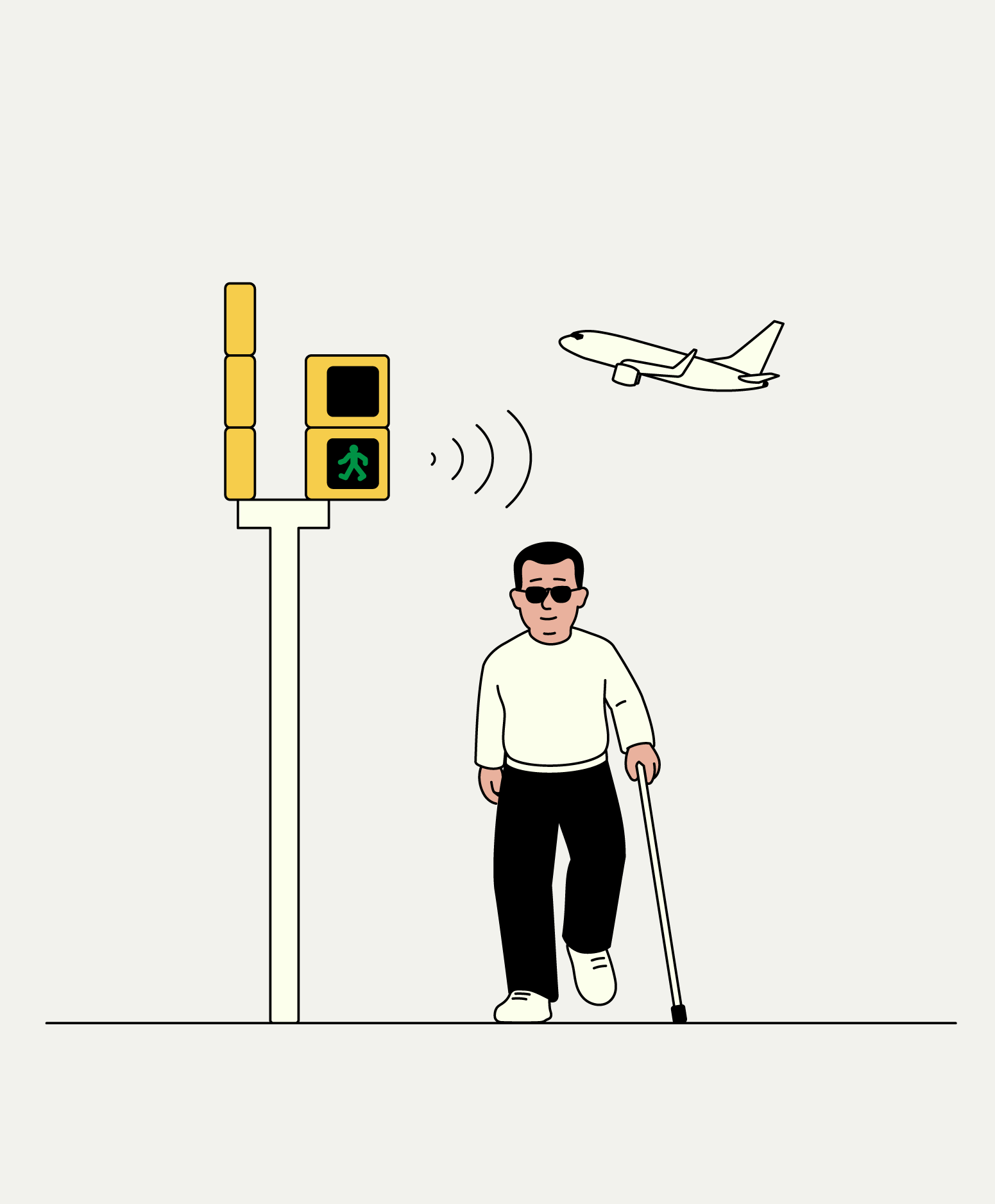 Persona amb bastó blanc travessant un pas de vianants amb semàfor sonor mentre un avió sobrevola la ciutat.
