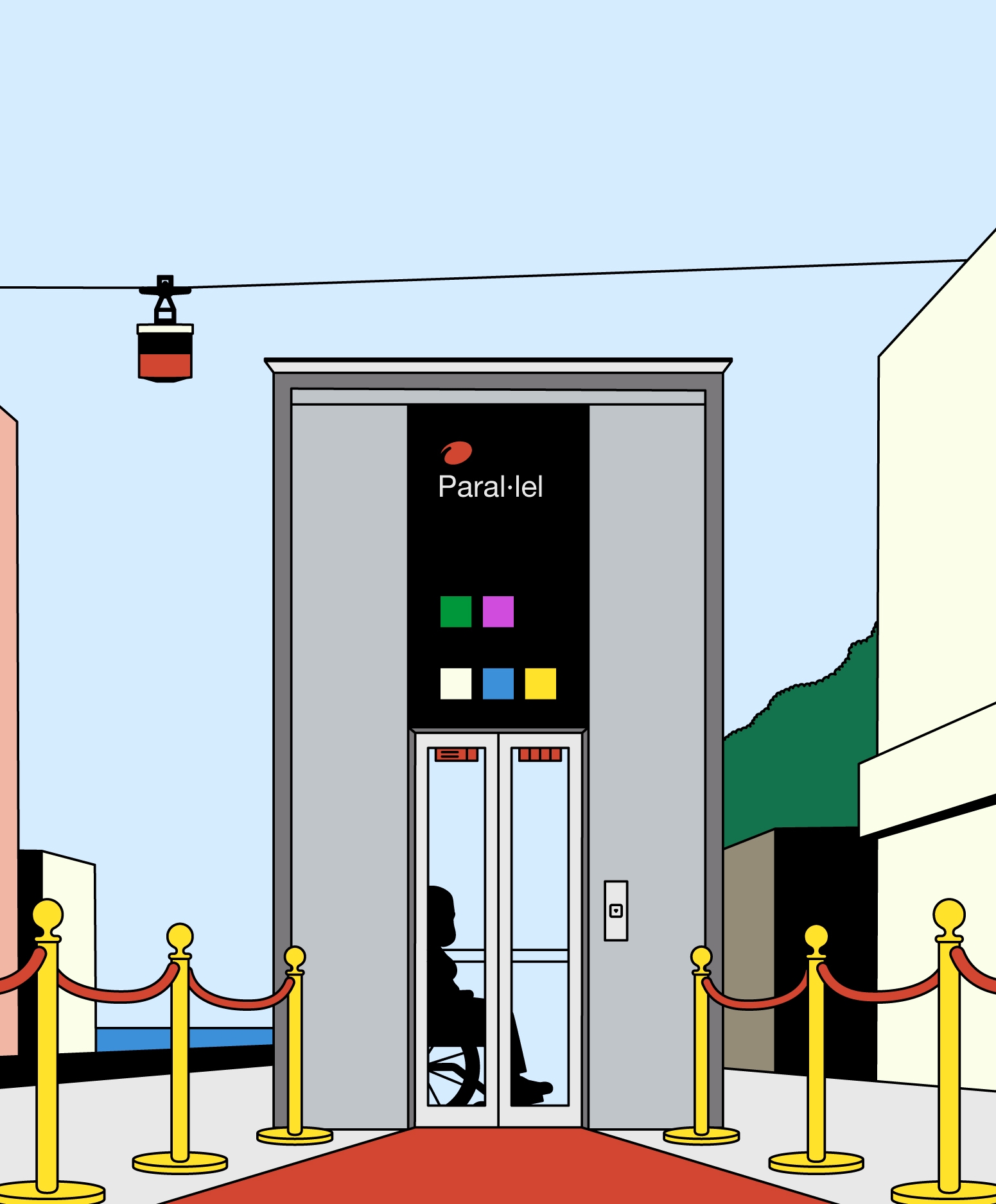 Ascensor accessible a la parada de metro de Paral·lel amb una persona en cadira de rodes a l’interior i accés sense barreres. 