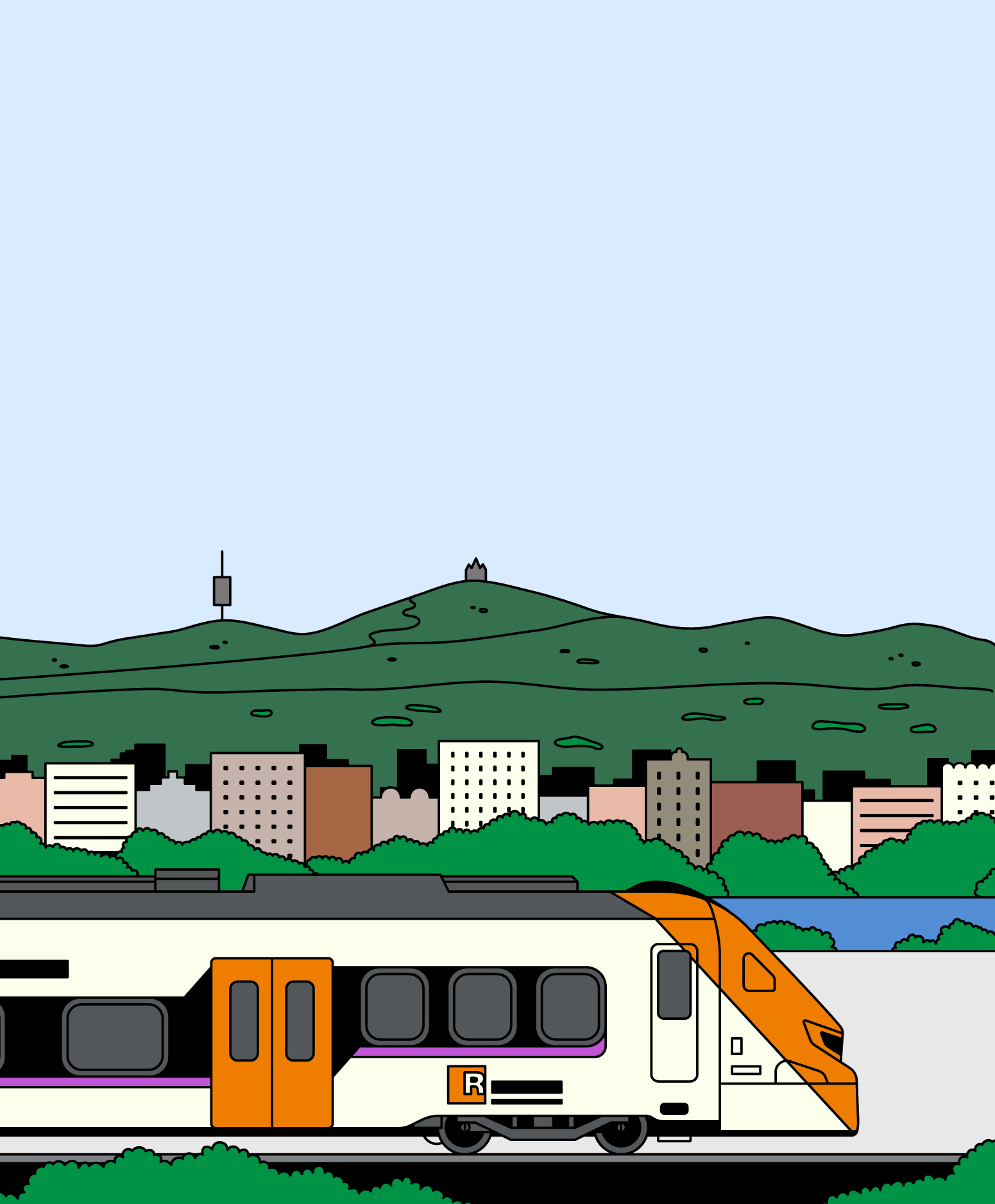 Il·lustració minimalista i plana d'un tren de rodalies vist de perfil, amb els colors característics: blanc, taronja i lila. Al fons, blocs de pisos minimalistes geomètrics, i, darrere, muntanyes, amb la Torre Collserola i el Temple Expiatori del Sagrat Cor.