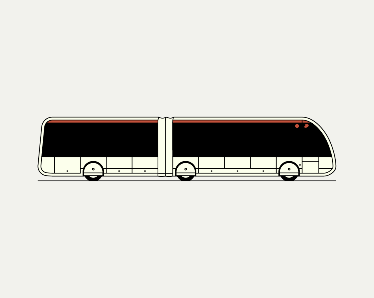 Ilustración minimalista y plana de un autobús urbano articulado visto de perfil, de color blanco, negro y con detalles rojos. 