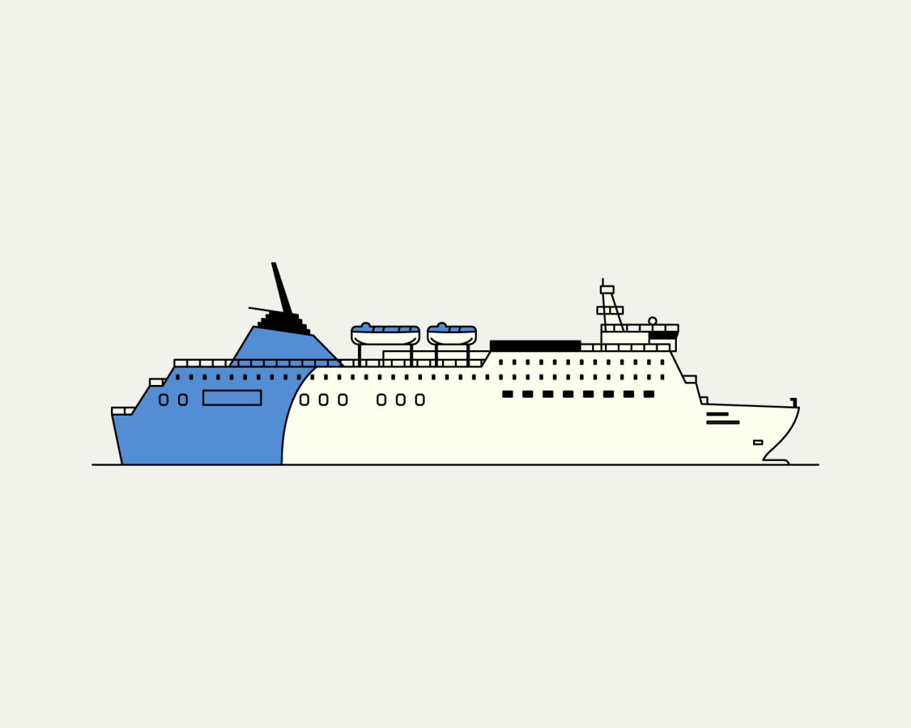 Illustrazione minimalista e piatta di una nave da crociera vista di profilo. La nave è di colore bianco con dettagli blu. 